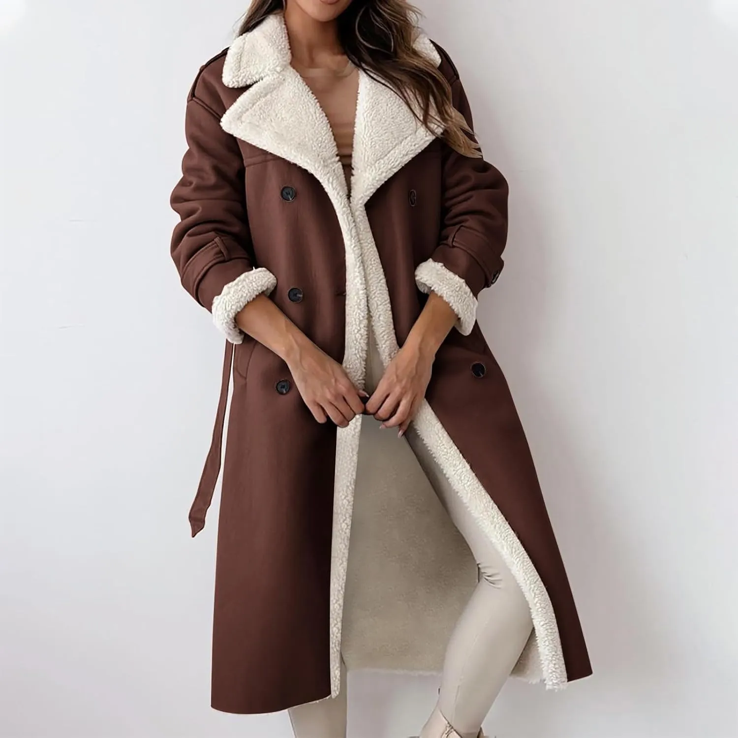 Long Winter Coats for Women Faux Leather Shearing Blazer Jacket Fuzzy Sherpa Lined Overcoat PU Trench Coat Outerwear