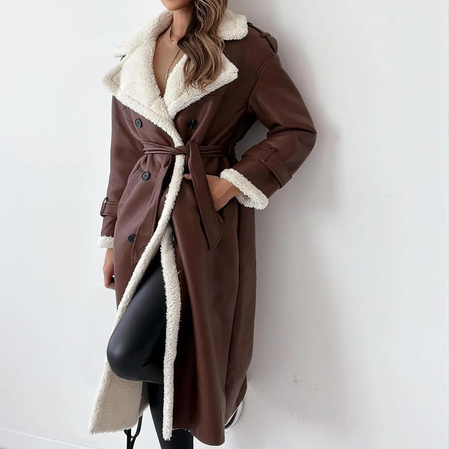 Long Winter Coats for Women Faux Leather Shearing Blazer Jacket Fuzzy Sherpa Lined Overcoat PU Trench Coat Outerwear