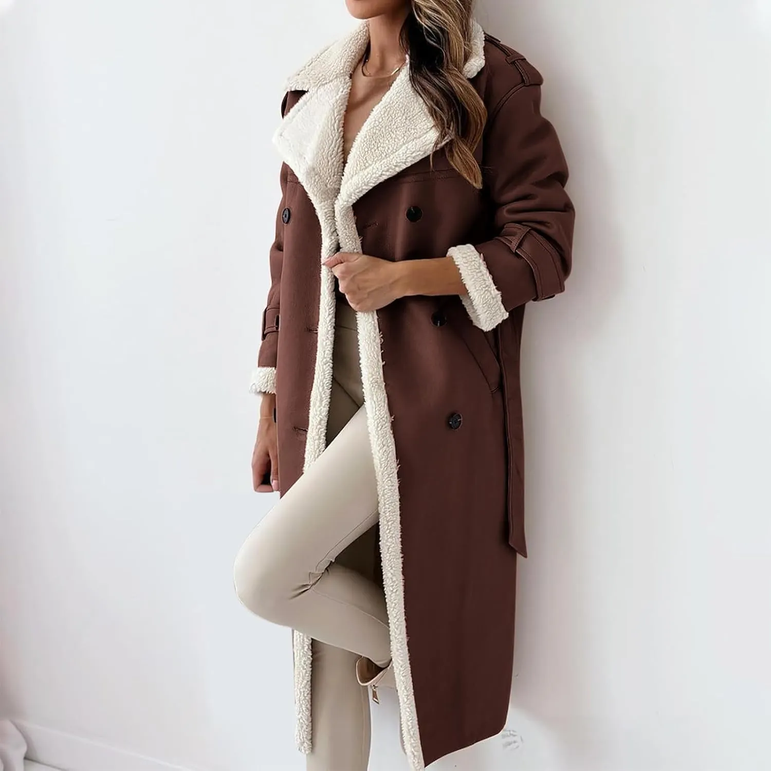 Long Winter Coats for Women Faux Leather Shearing Blazer Jacket Fuzzy Sherpa Lined Overcoat PU Trench Coat Outerwear
