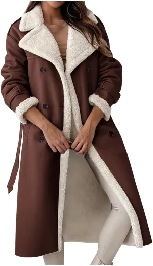 Long Winter Coats for Women Faux Leather Shearing Blazer Jacket Fuzzy Sherpa Lined Overcoat PU Trench Coat Outerwear