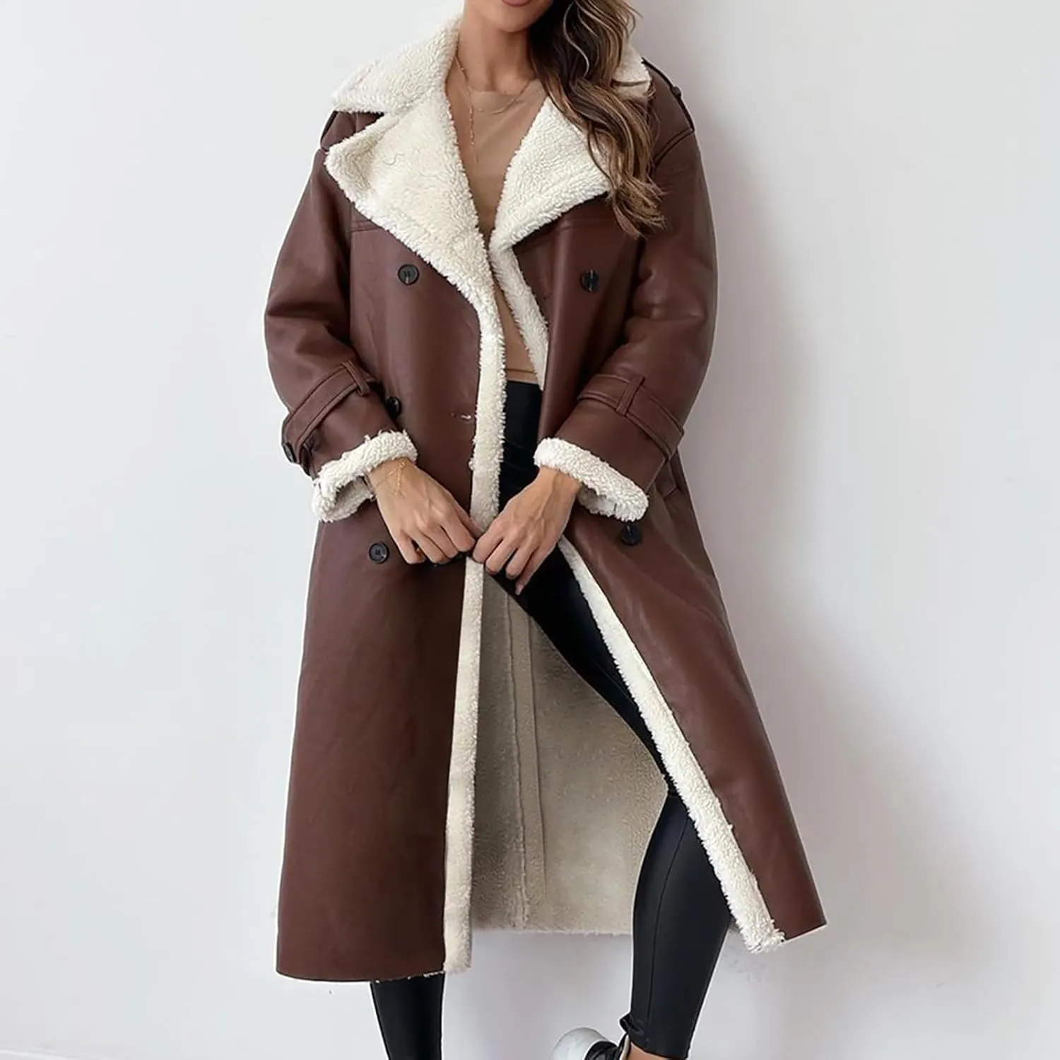 Long Winter Coats for Women Faux Leather Shearing Blazer Jacket Fuzzy Sherpa Lined Overcoat PU Trench Coat Outerwear