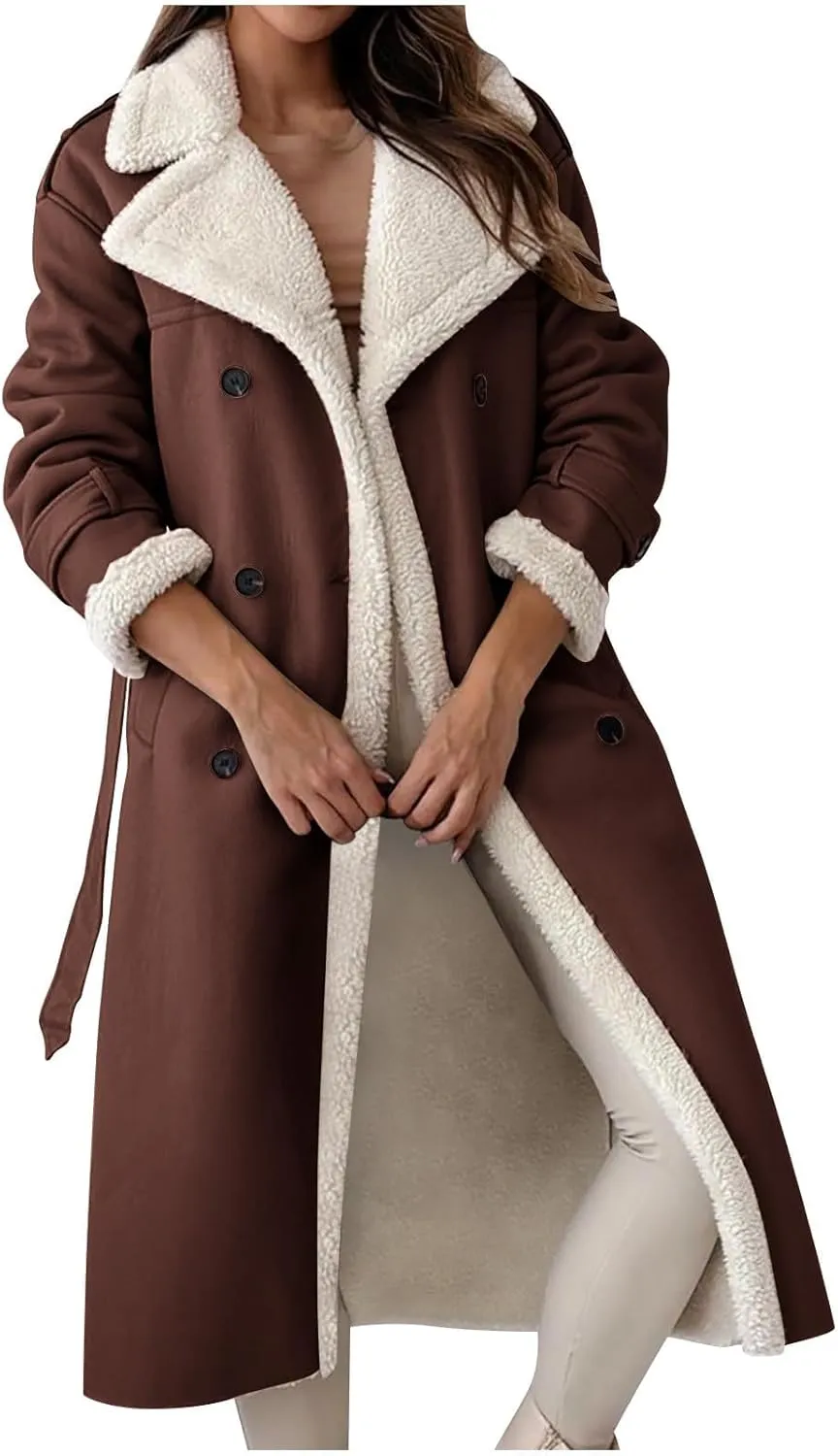 Long Winter Coats for Women Faux Leather Shearing Blazer Jacket Fuzzy Sherpa Lined Overcoat PU Trench Coat Outerwear