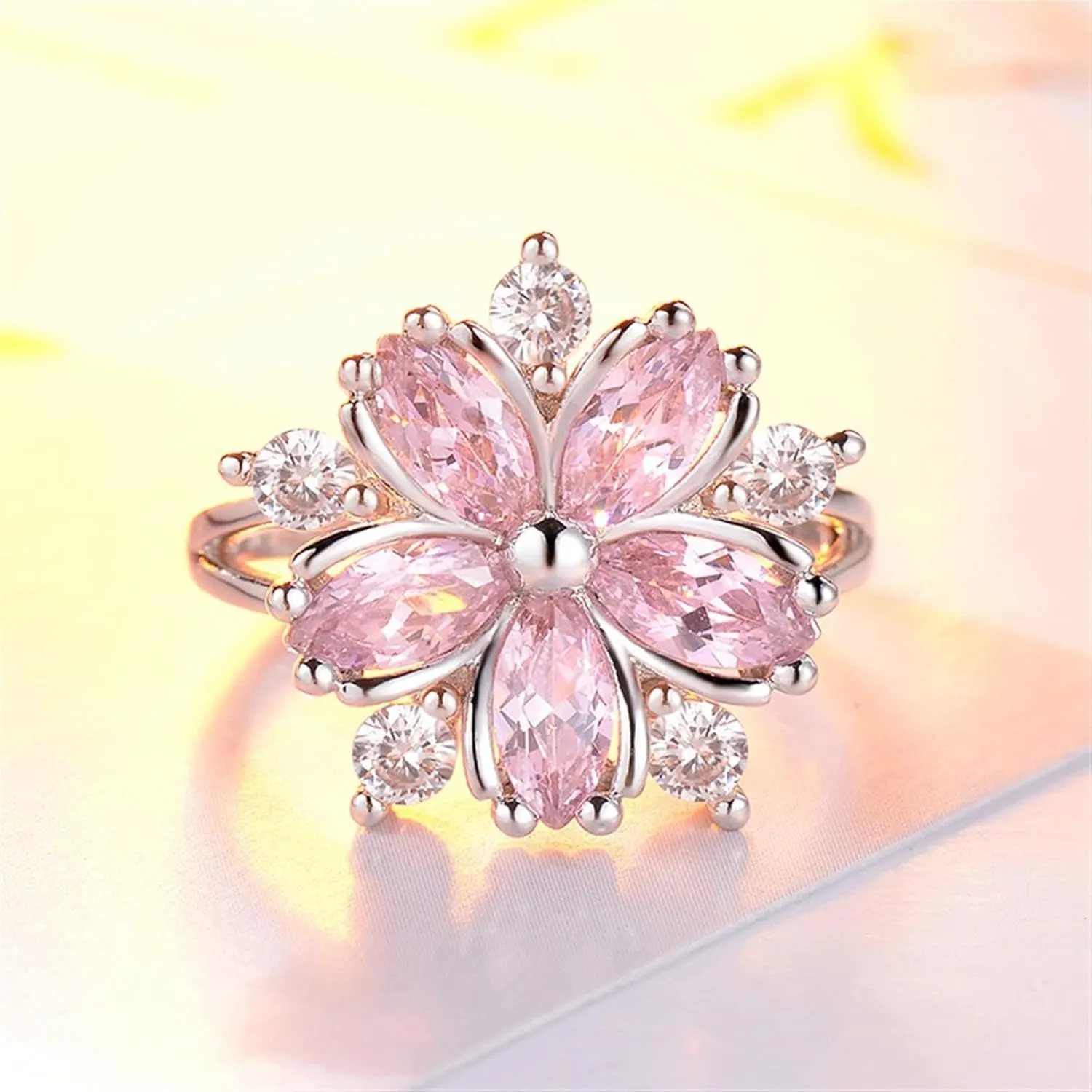 LSCZSLYH Sakura Engagement Rings for Bride Jewelry Romantic Cherry Blossom Zircon Lady Rings (Color : Pink, Size : 6)