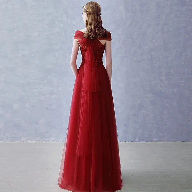 Luolandi A-line Wine Red Tulle Beaded Long Party Dresses Formal Dress Dark Red Beaded Party Dress Prom Dress