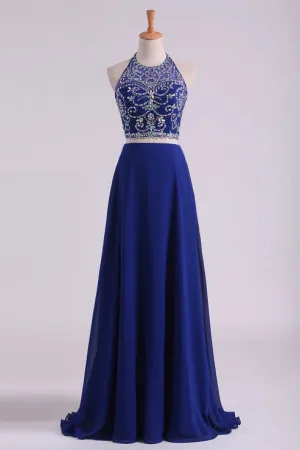 Luolandi Bateau Two Pieces Party Dresses Dark Royal Blue A Line Beaded Bodice Open Back Floor Length Chiffon & Tulle Sexy Evening Dress