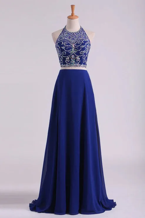 Luolandi Bateau Two Pieces Party Dresses Dark Royal Blue A Line Beaded Bodice Open Back Floor Length Chiffon & Tulle Sexy Evening Dress
