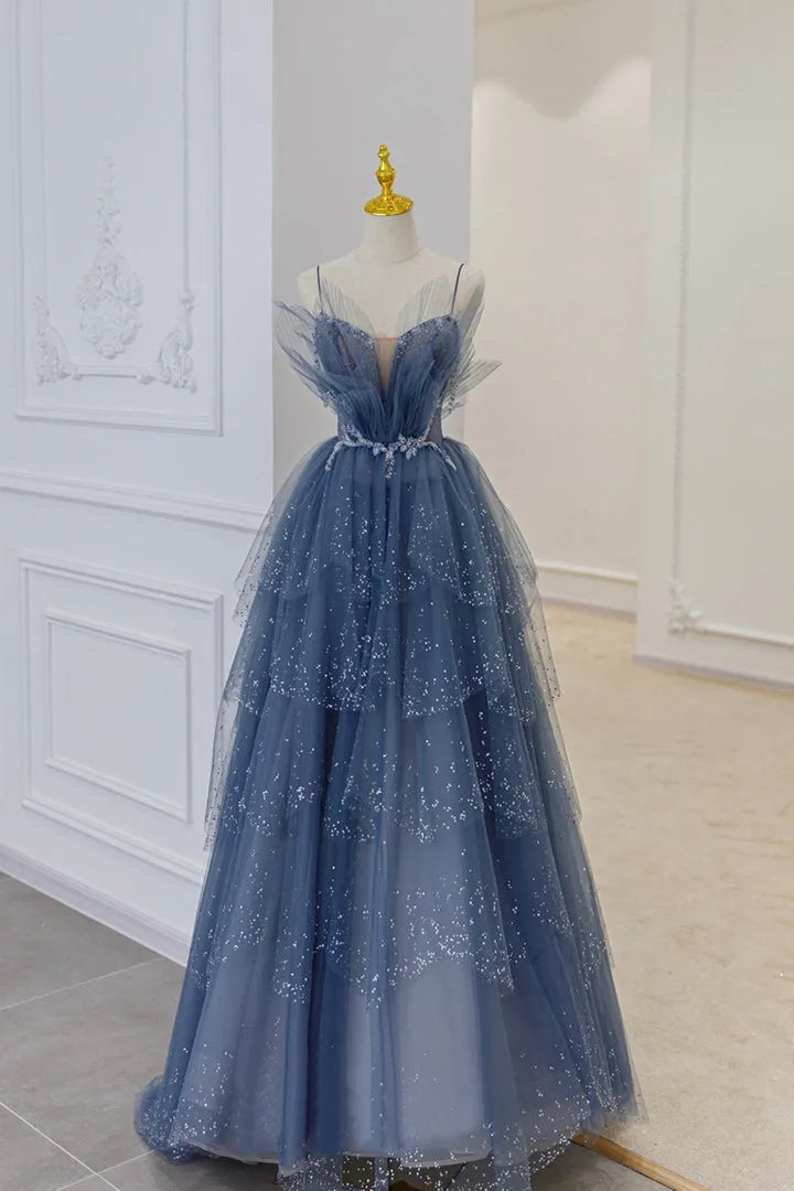 Luolandi Blue Tulle Layers Straps Beaded Long Prom Dresses A-Line Evening Dresses Sparkly