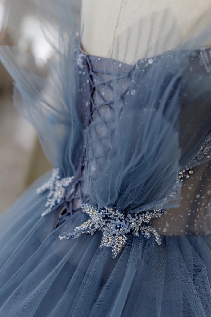Luolandi Blue Tulle Layers Straps Beaded Long Prom Dresses A-Line Evening Dresses Sparkly
