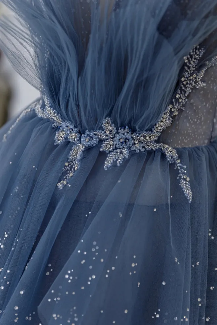 Luolandi Blue Tulle Layers Straps Beaded Long Prom Dresses A-Line Evening Dresses Sparkly