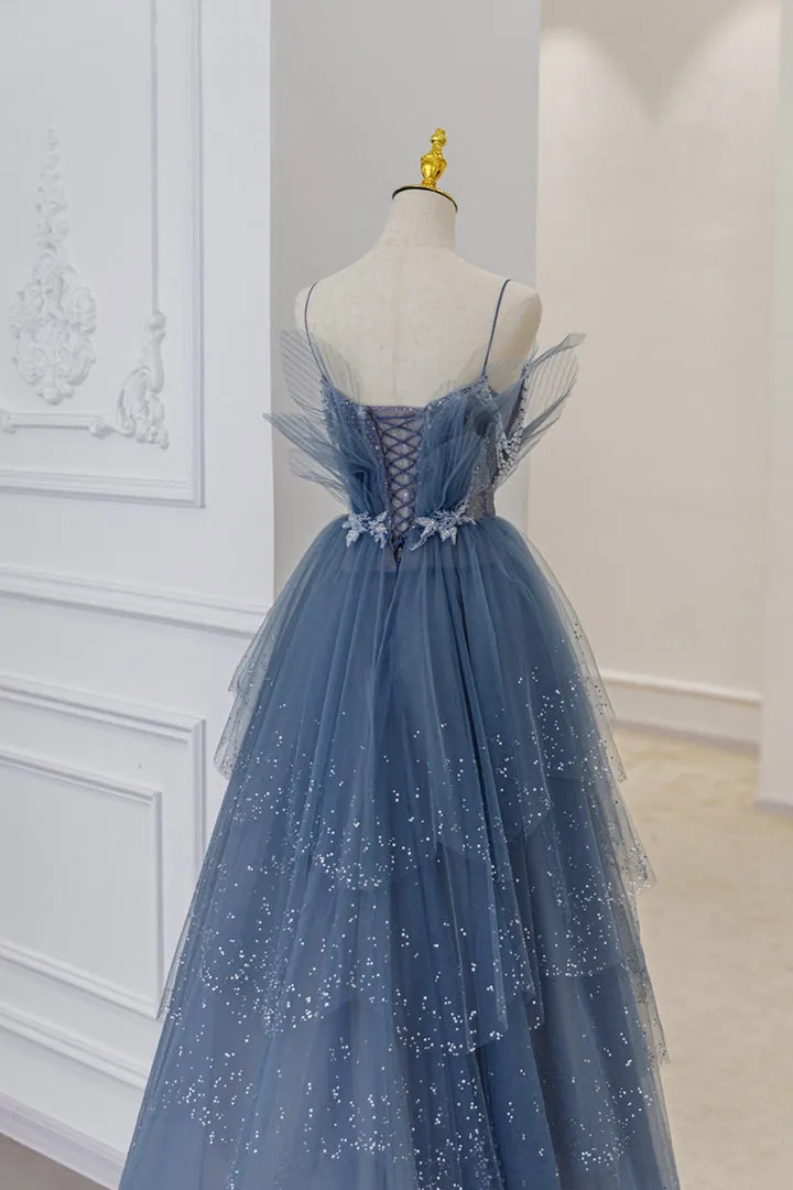 Luolandi Blue Tulle Layers Straps Beaded Long Prom Dresses A-Line Evening Dresses Sparkly