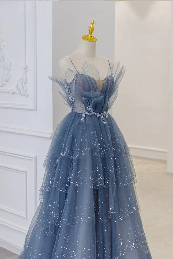 Luolandi Blue Tulle Layers Straps Beaded Long Prom Dresses A-Line Evening Dresses Sparkly