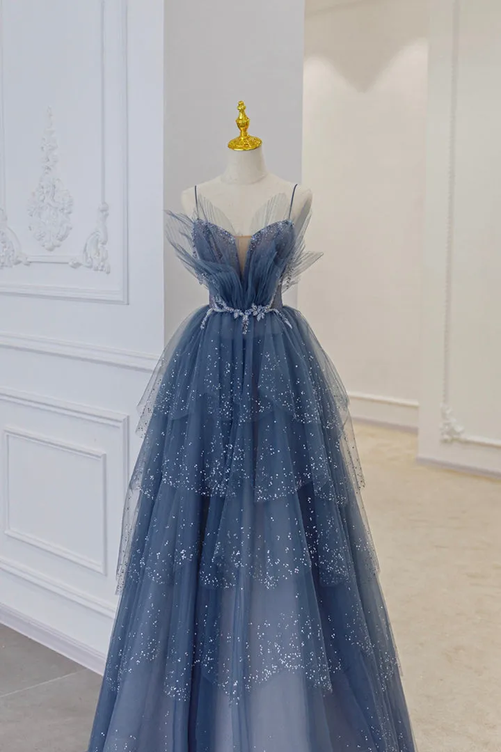 Luolandi Blue Tulle Layers Straps Beaded Long Prom Dresses A-Line Evening Dresses Sparkly