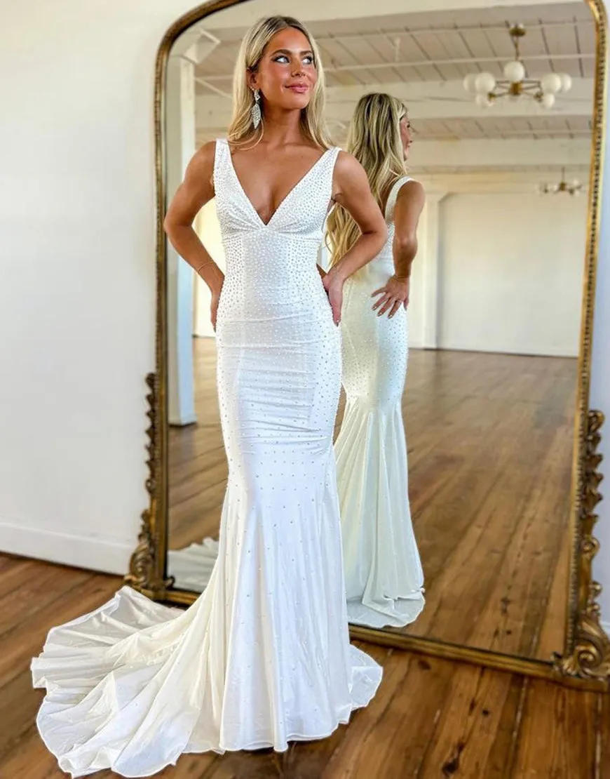 Luolandi Mermaid Backless Beaded Long Prom Dress V-neck Sexy Evening Dresses