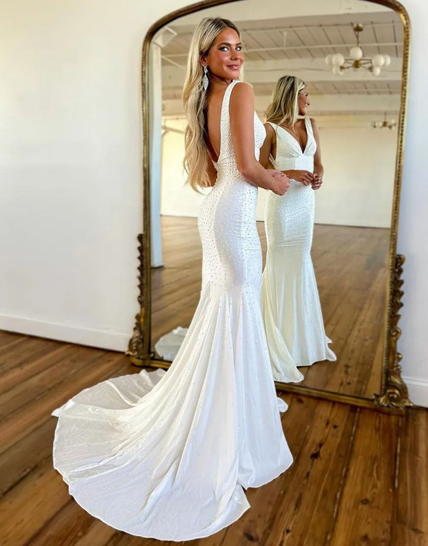 Luolandi Mermaid Backless Beaded Long Prom Dress V-neck Sexy Evening Dresses