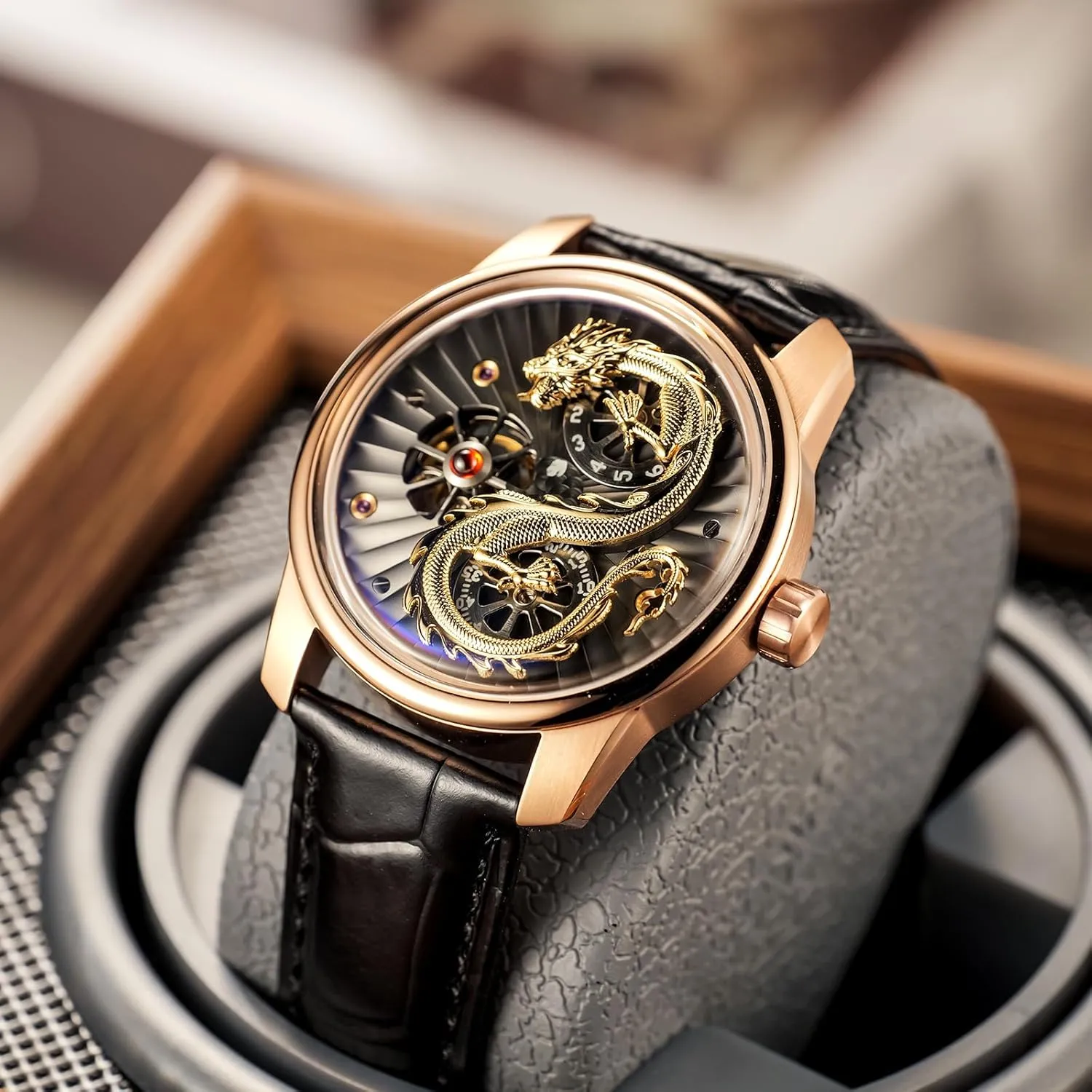 Luxury Dragon Design Mechanical Watch, Leather Band, Silver Case