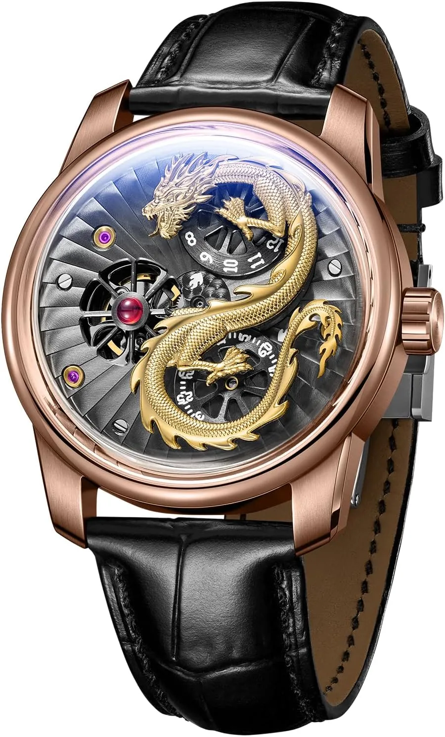 Luxury Dragon Design Mechanical Watch, Leather Band, Silver Case