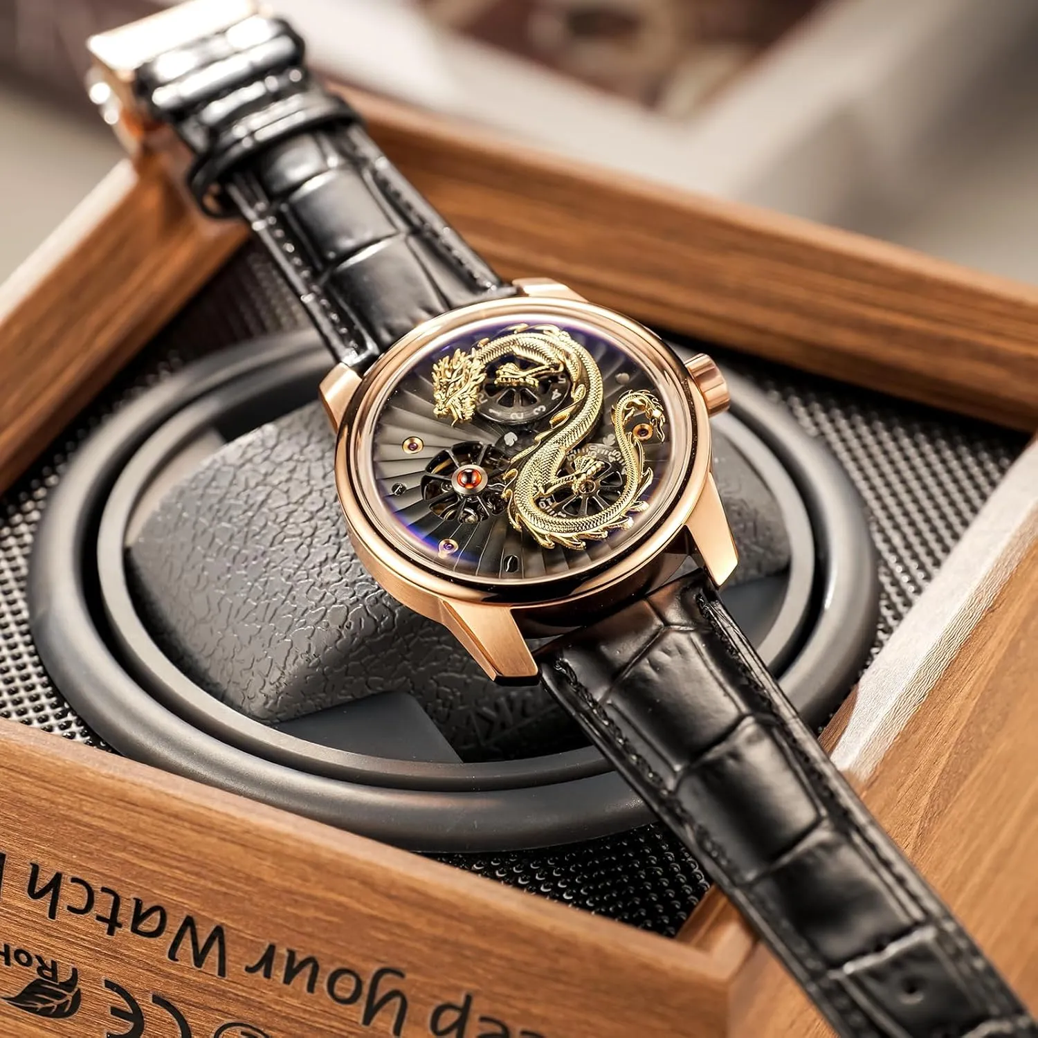 Luxury Dragon Design Mechanical Watch, Leather Band, Silver Case