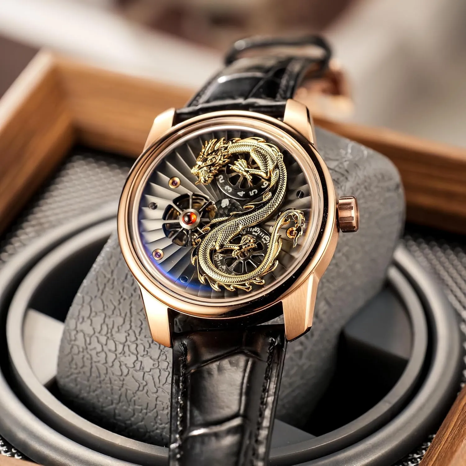 Luxury Dragon Design Mechanical Watch, Leather Band, Silver Case