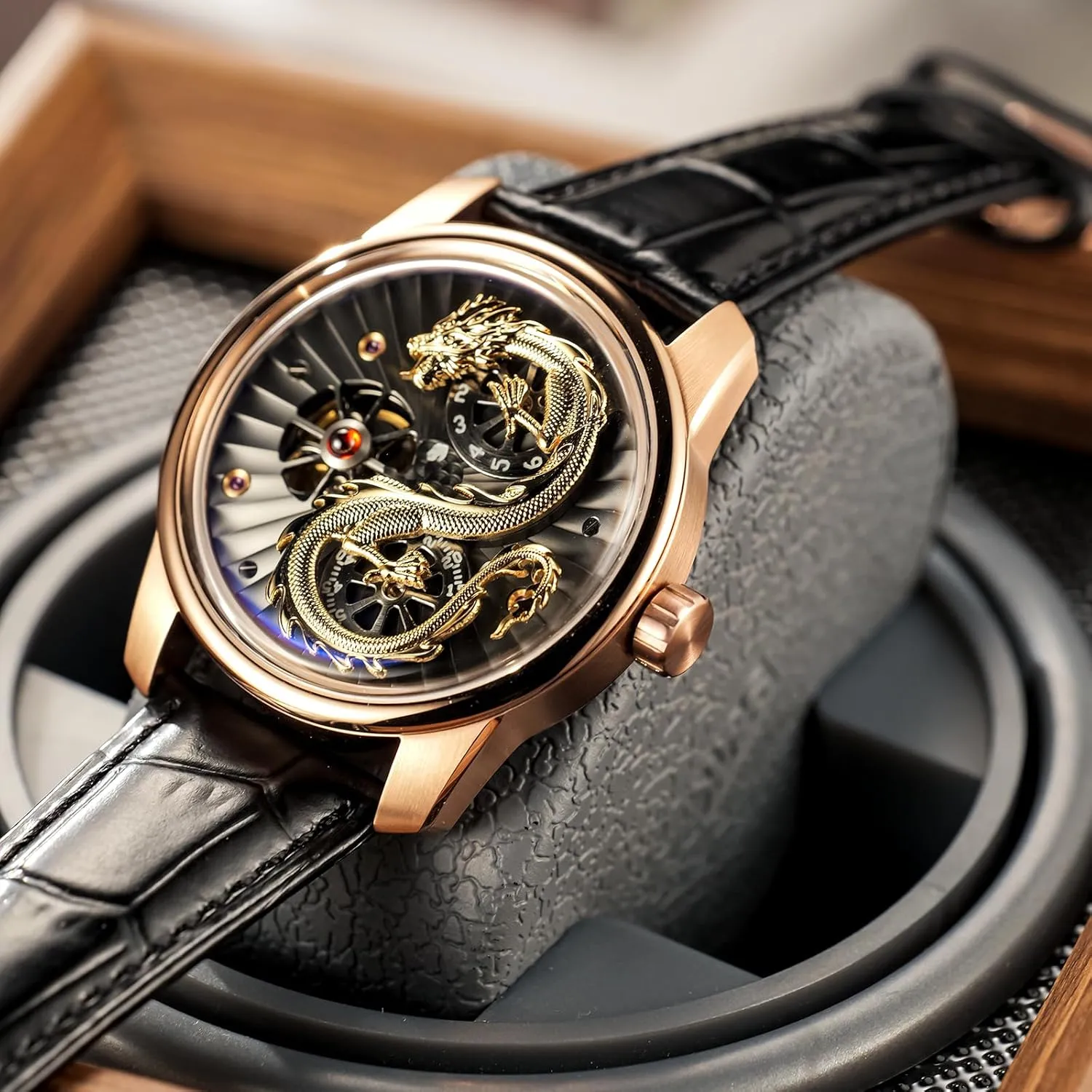 Luxury Dragon Design Mechanical Watch, Leather Band, Silver Case