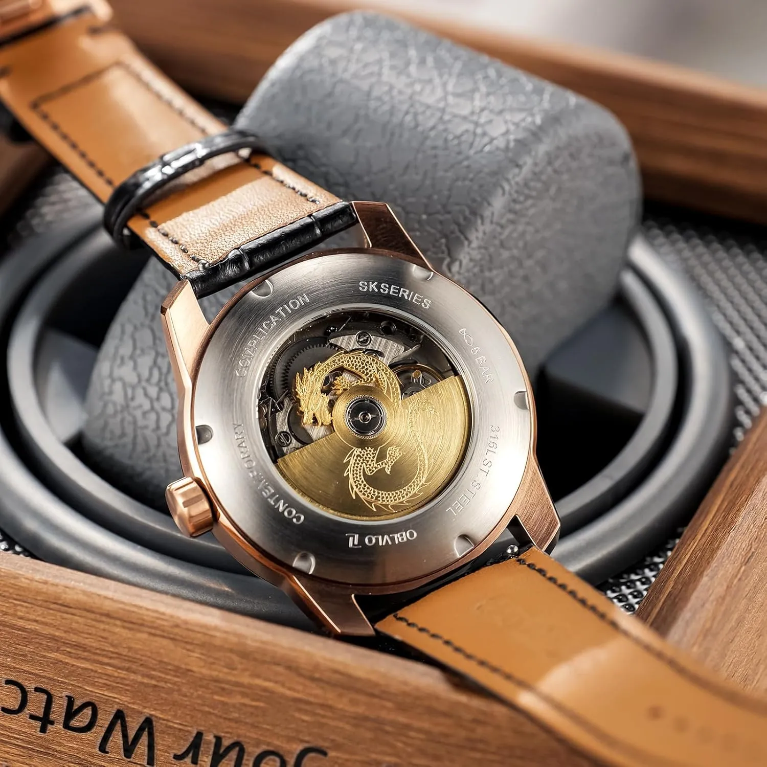 Luxury Dragon Design Mechanical Watch, Leather Band, Silver Case