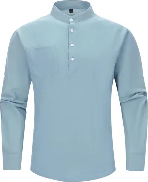 MANLUODANNI Men's Cotton Linen Henley T-Shirts Button Down Shirt Long Sleeve for Men