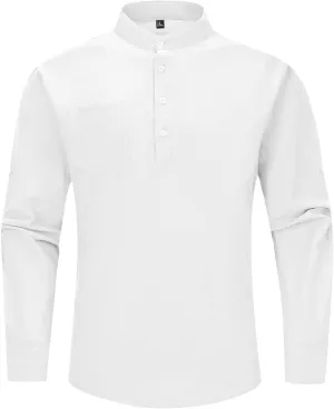 MANLUODANNI Men's Cotton Linen Henley T-Shirts Button Down Shirt Long Sleeve for Men