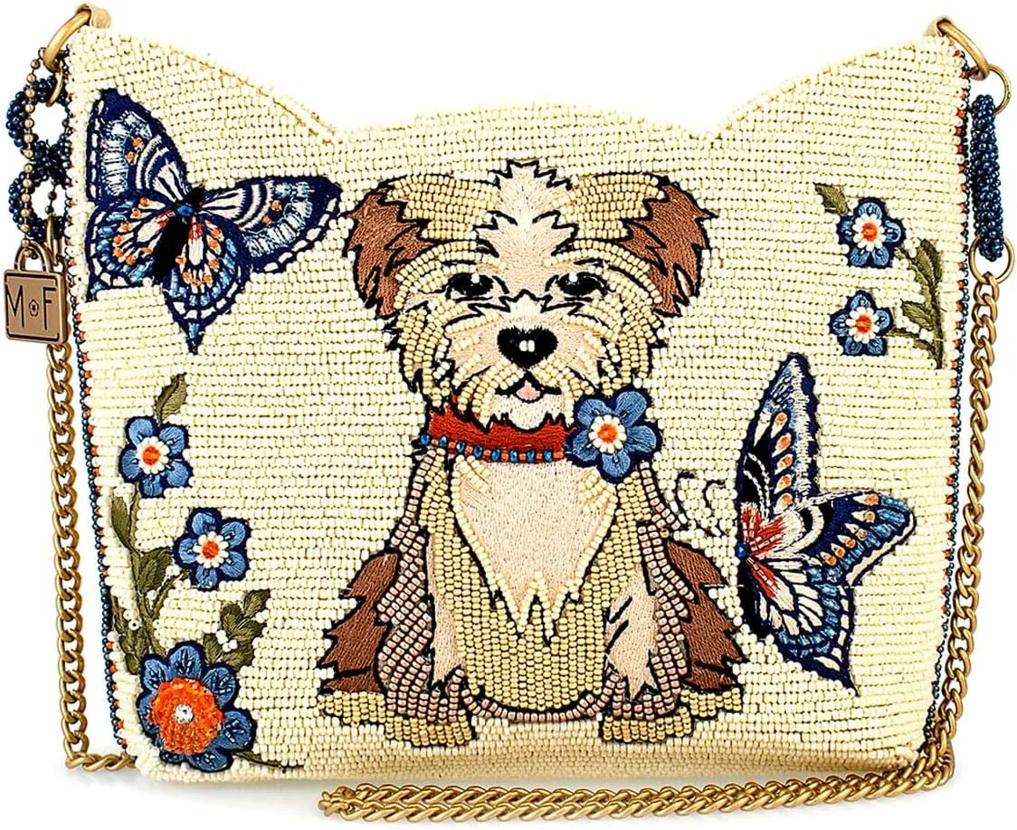 Mary Frances Shaggy Chic Beaded Crossbody Handbag with Playful Dog and Butterfly Motif Pet Lover Evening Clutch Bag, Ivory