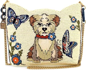 Mary Frances Shaggy Chic Beaded Crossbody Handbag with Playful Dog and Butterfly Motif Pet Lover Evening Clutch Bag, Ivory