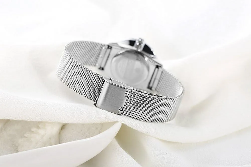 MASTOP Women's Silver Stainless Steel Woven Mesh Strap Wrist Watch Simple Design Analog Display Quartz Watch