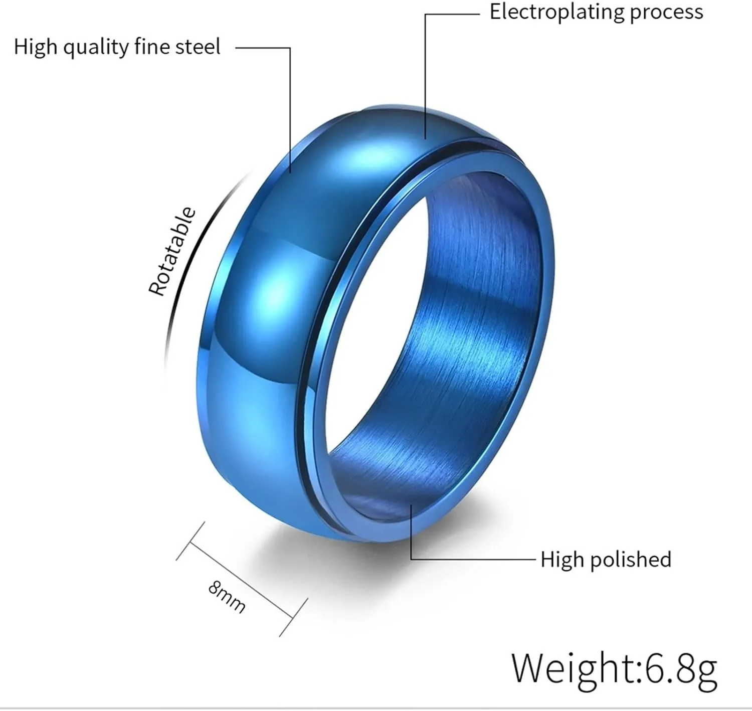 Matching Wedding Rings Set for Him and Her, Stainless Steel Couples Promise Rings Set Comfort Fit 8mm Spinner Ring Black and Blue