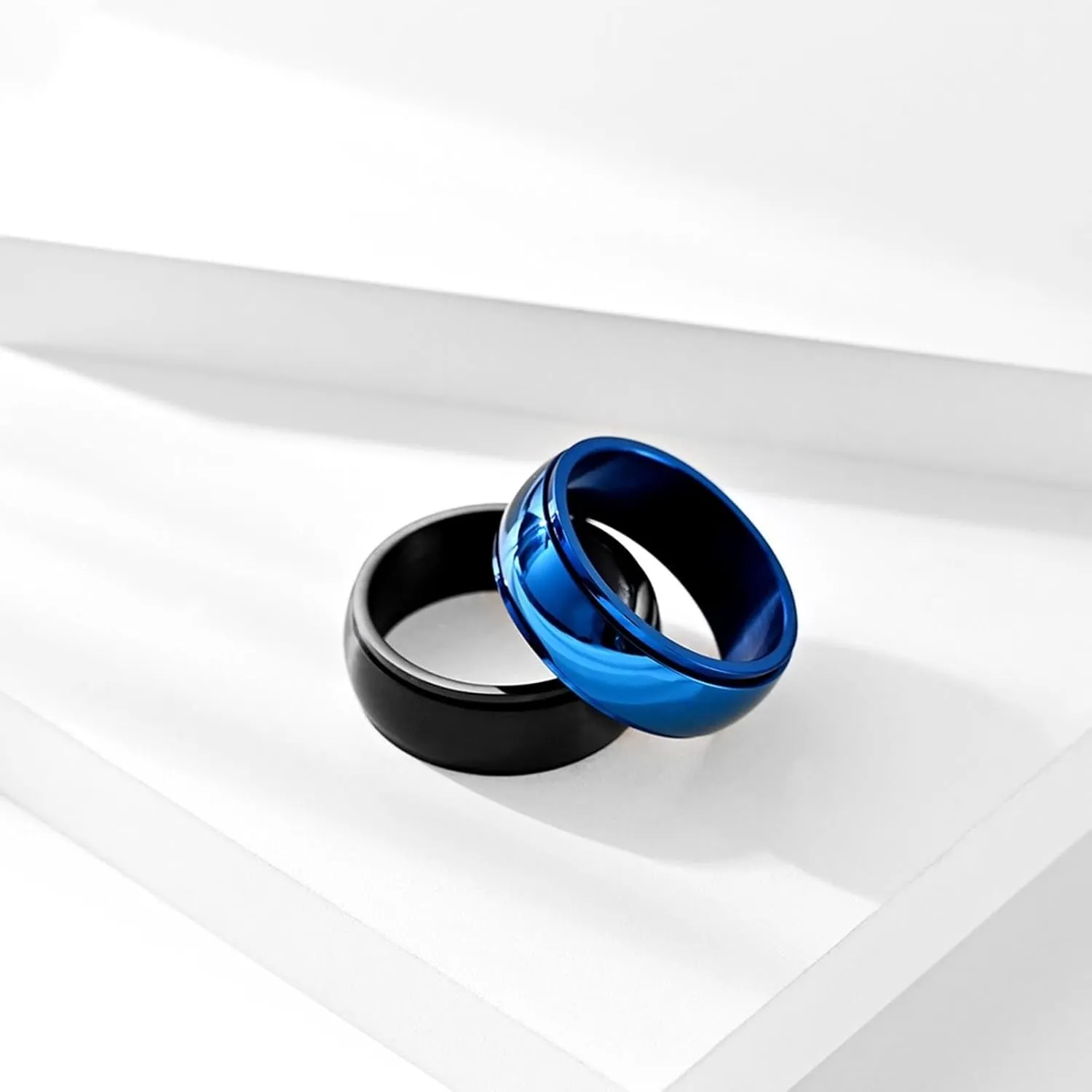 Matching Wedding Rings Set for Him and Her, Stainless Steel Couples Promise Rings Set Comfort Fit 8mm Spinner Ring Black and Blue