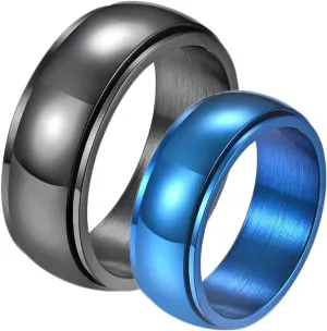 Matching Wedding Rings Set for Him and Her, Stainless Steel Couples Promise Rings Set Comfort Fit 8mm Spinner Ring Black and Blue