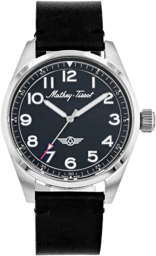 Mathey-Tissot Men's Heritage Swiss Quartz Watch  42mm Stainless Steel Case with Black Dial and Silver Indexes, Three-Hand Analog Display, Black Leather Strap