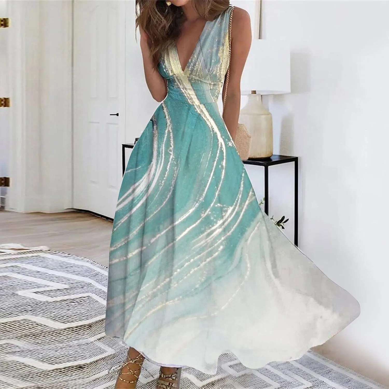 Maxi Dresses for Women 2025 Casual Trendy Summer Dress V Neck Sleeveless Formal Sundresses A Line Flowy Sundress