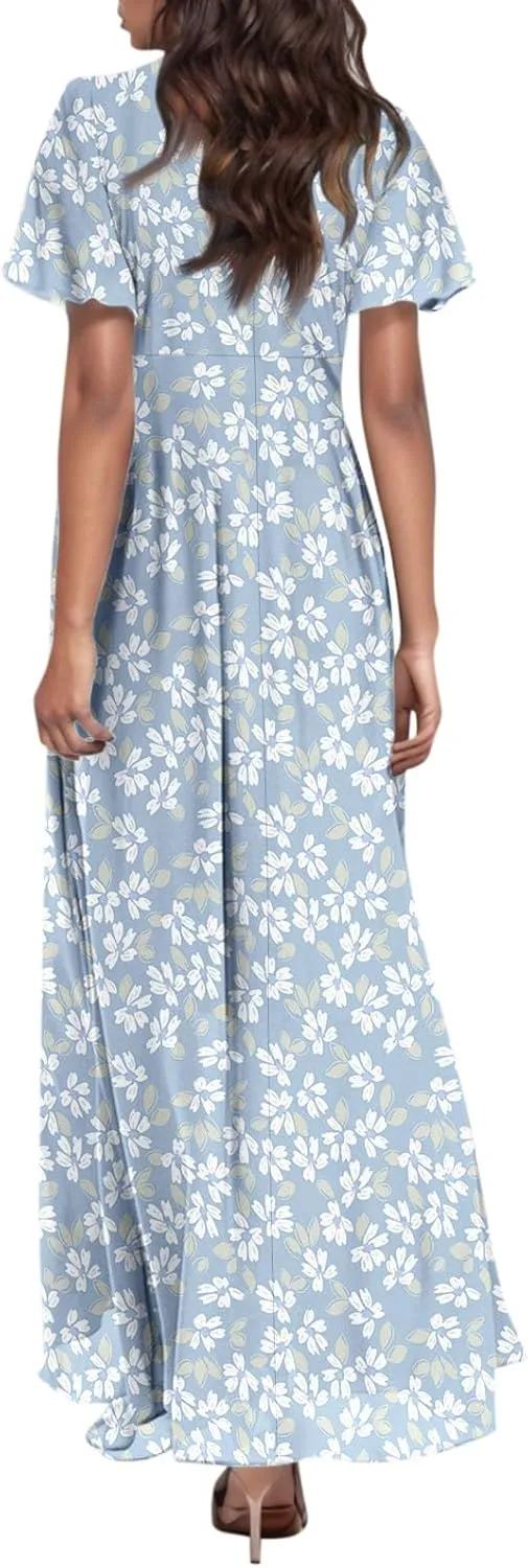 Maxi Floral Dresses for Women 2025 Summer Elegant Flowy Sundresses Trendy Flutter Sleeve Boho Long Dress V Neck Party
