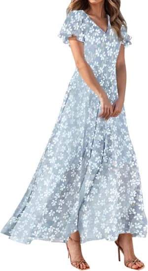 Maxi Floral Dresses for Women 2025 Summer Elegant Flowy Sundresses Trendy Flutter Sleeve Boho Long Dress V Neck Party