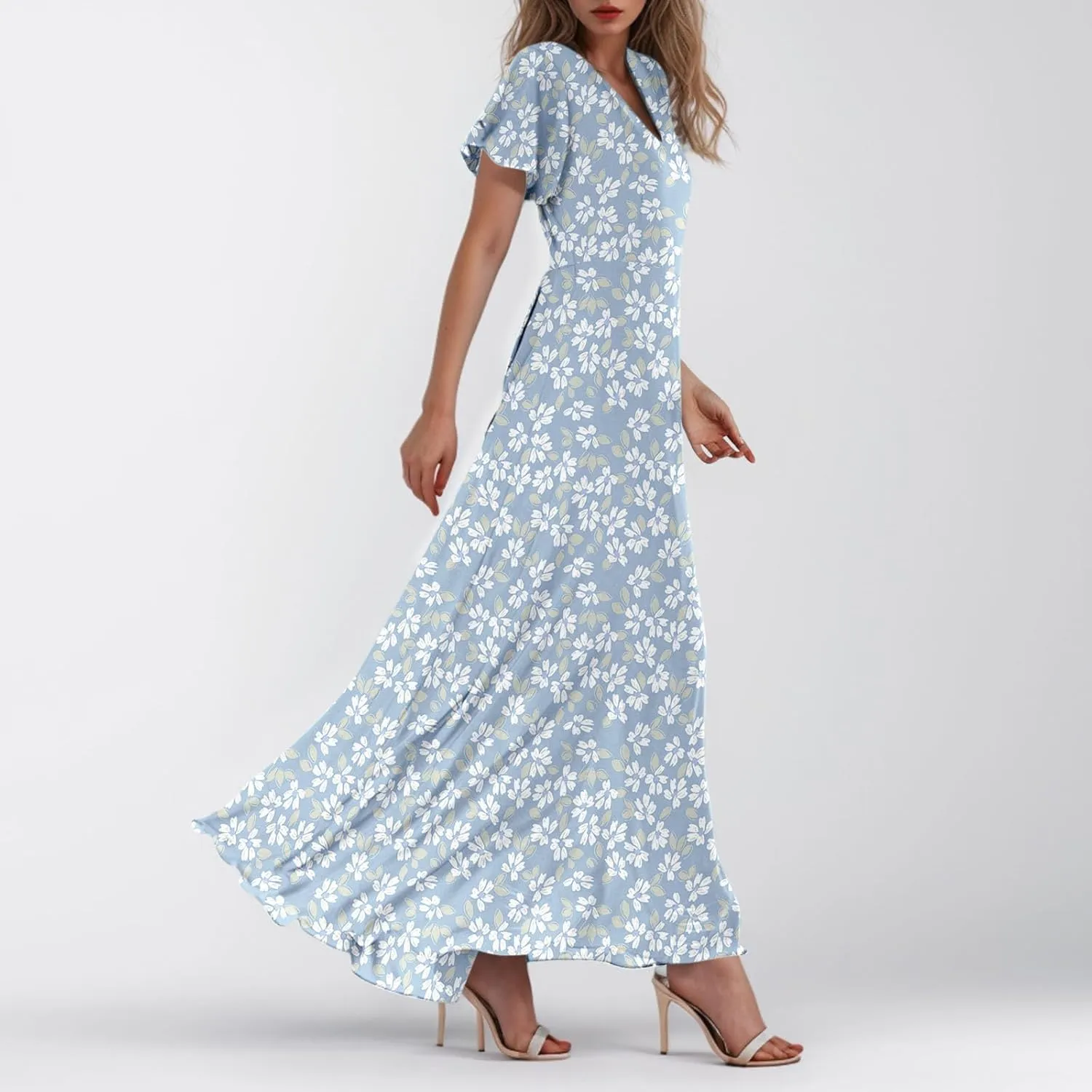 Maxi Floral Dresses for Women 2025 Summer Elegant Flowy Sundresses Trendy Flutter Sleeve Boho Long Dress V Neck Party