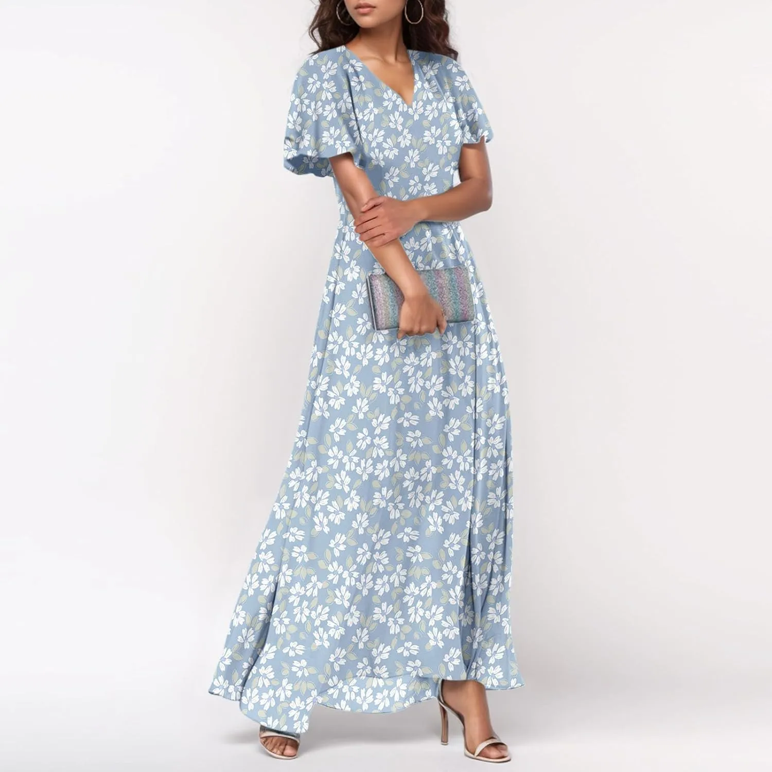 Maxi Floral Dresses for Women 2025 Summer Elegant Flowy Sundresses Trendy Flutter Sleeve Boho Long Dress V Neck Party
