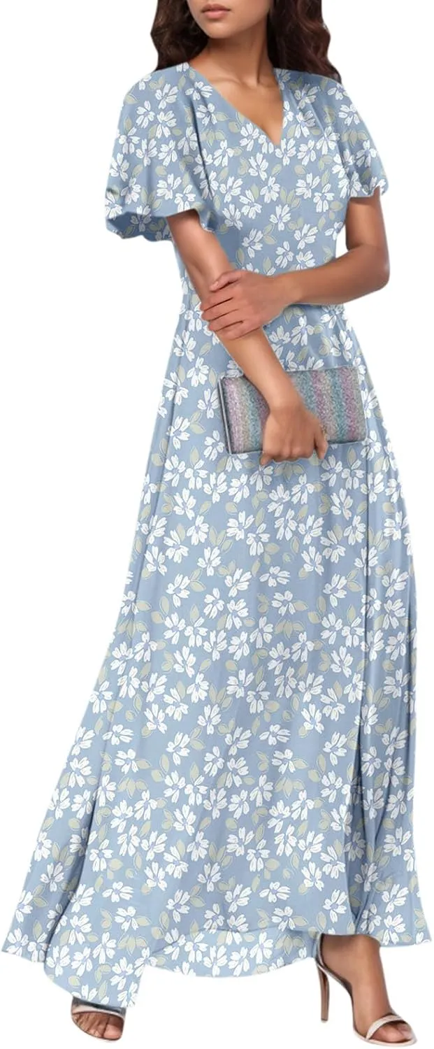 Maxi Floral Dresses for Women 2025 Summer Elegant Flowy Sundresses Trendy Flutter Sleeve Boho Long Dress V Neck Party