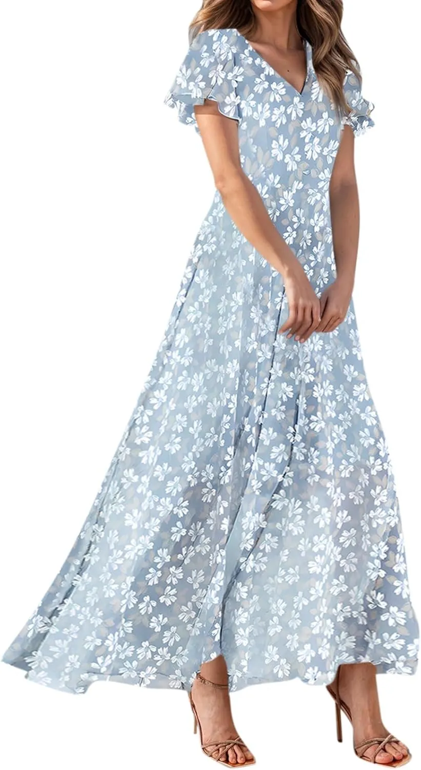 Maxi Floral Dresses for Women 2025 Summer Elegant Flowy Sundresses Trendy Flutter Sleeve Boho Long Dress V Neck Party