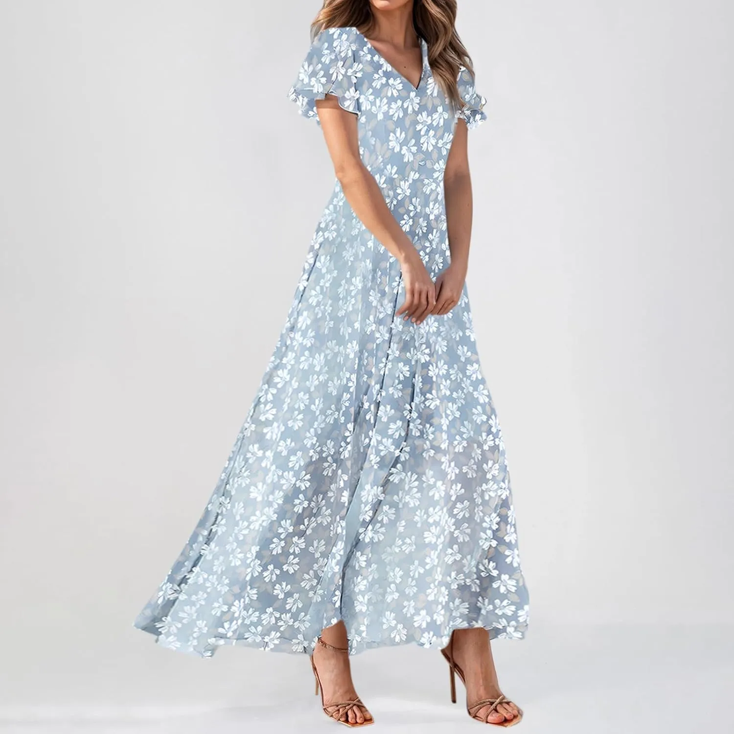 Maxi Floral Dresses for Women 2025 Summer Elegant Flowy Sundresses Trendy Flutter Sleeve Boho Long Dress V Neck Party