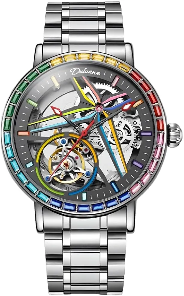 Men's Automatic Mechanical Watch Sports Style Double-Sided Hollow Design Luminous Pointer Stainless Steel Strap