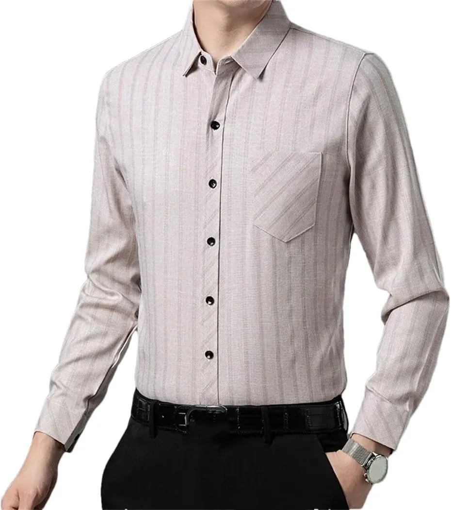 Men's Business Casual Long Sleeved Printed Shirt Wrinkle-Resistant Button Down Dress Shirts