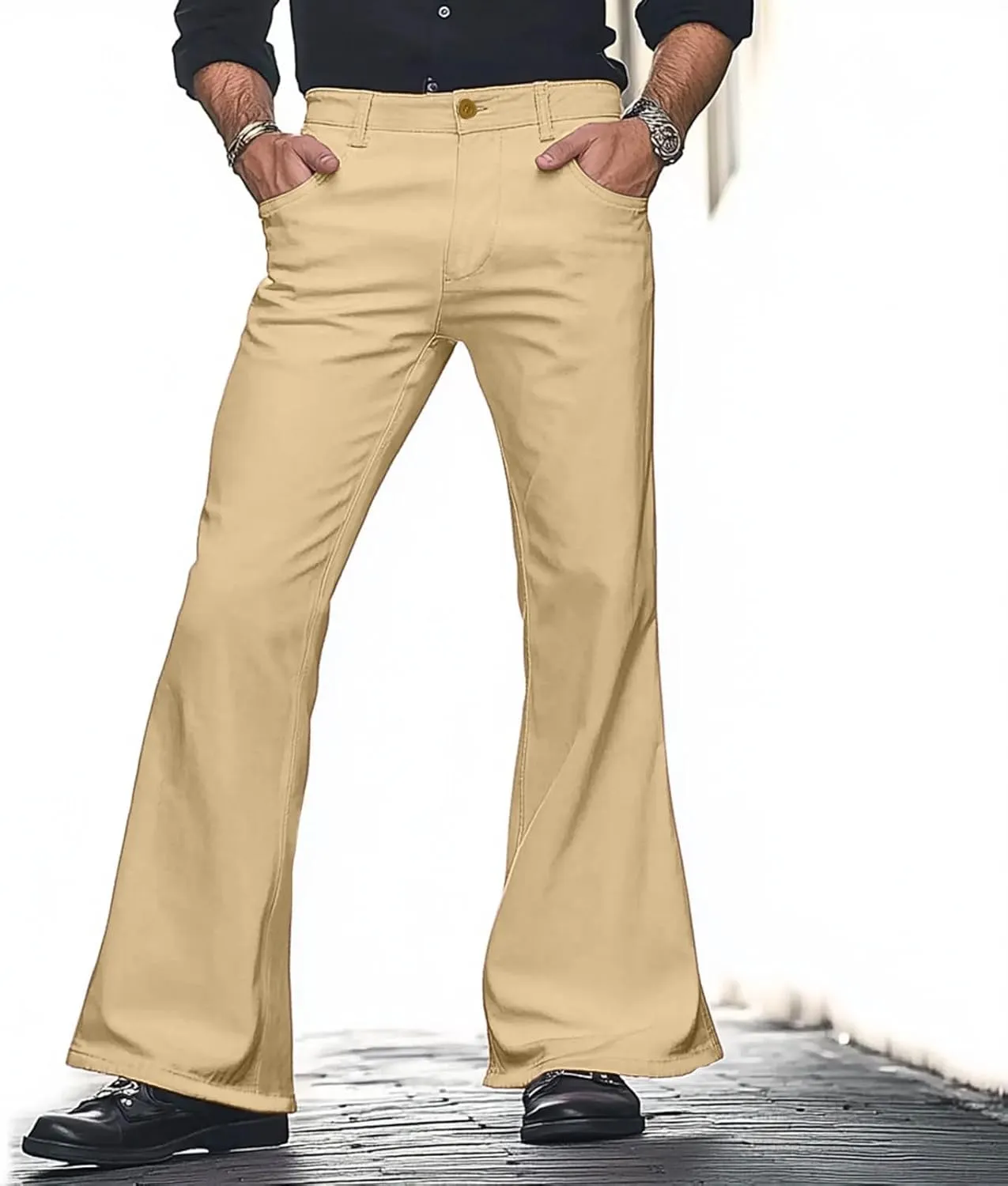 Mens Casual Pants Flare Pants Solid Color Outdoor Stretch Comfortable Hiking Comfy Wide Leg Disco Pant with Pockets