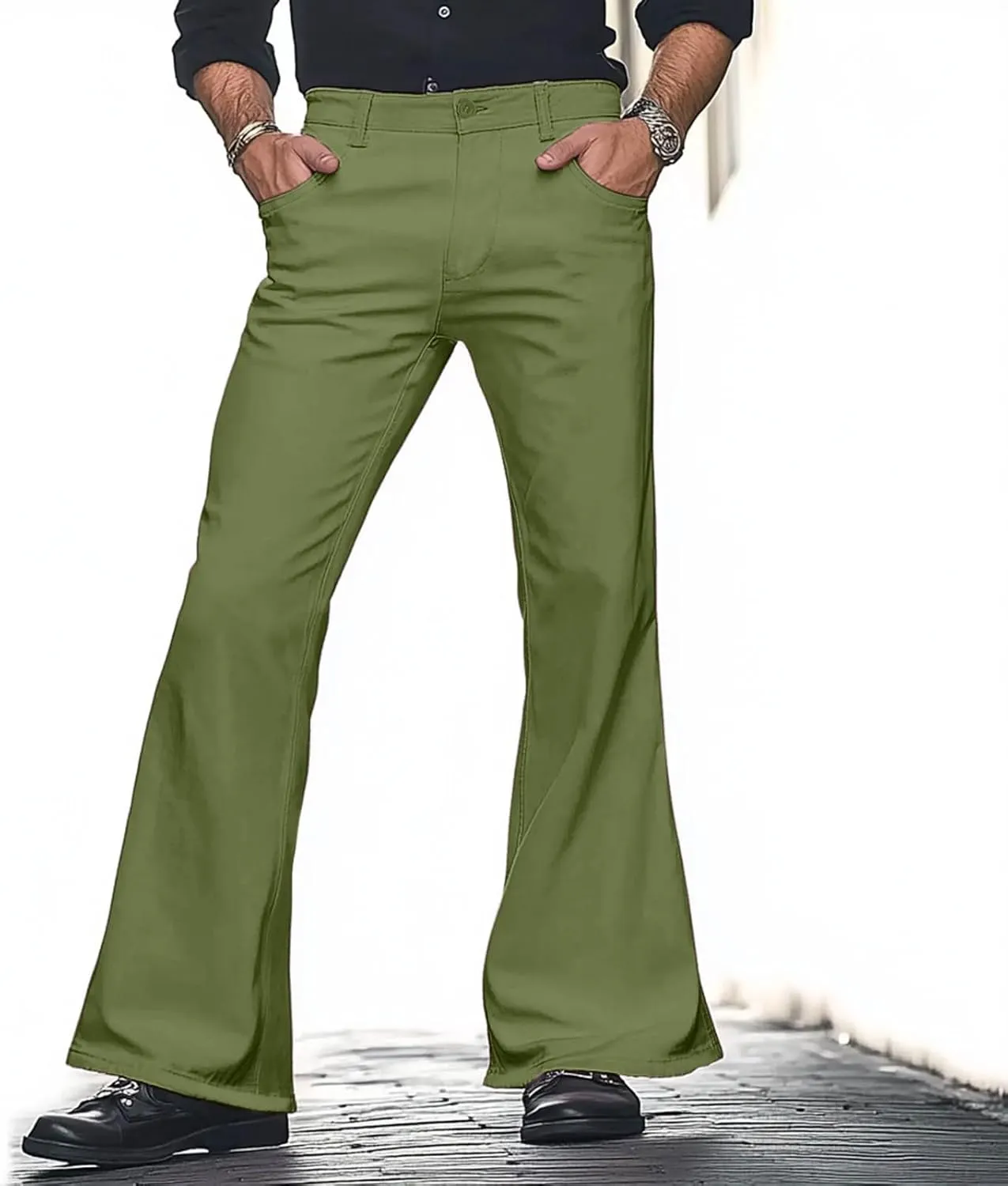 Mens Casual Pants Flare Pants Solid Color Outdoor Stretch Comfortable Hiking Comfy Wide Leg Disco Pant with Pockets