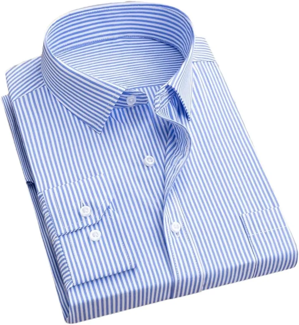 Men's Formal Dress Shirt - Long Sleeve Office Shirt with Pockets, Striped Anti-Wrinkle Business Blouse