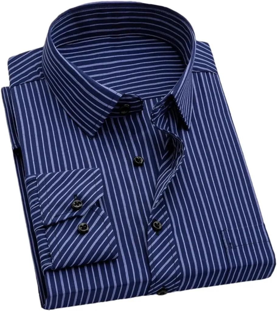 Men's Formal Dress Shirt - Long Sleeve Office Shirt with Pockets, Striped Anti-Wrinkle Business Blouse