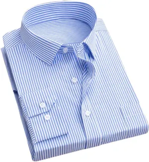 Men's Formal Dress Shirt - Long Sleeve Office Shirt with Pockets, Striped Anti-Wrinkle Business Blouse