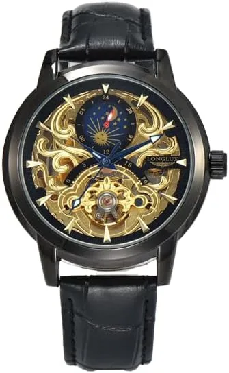 Men's Mechanical Watch, Black Leather Band, Skeleton Dial with Moon Phase Display