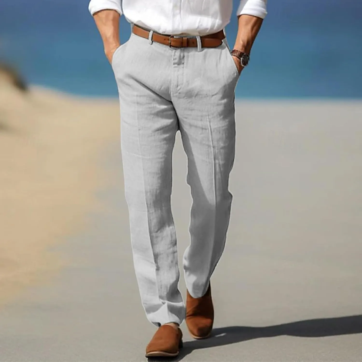 Men's Pants Linen Pants Solid Color Straight Business Summer Casual Comfortable Beach Fashion Slim Fit Dress Pant